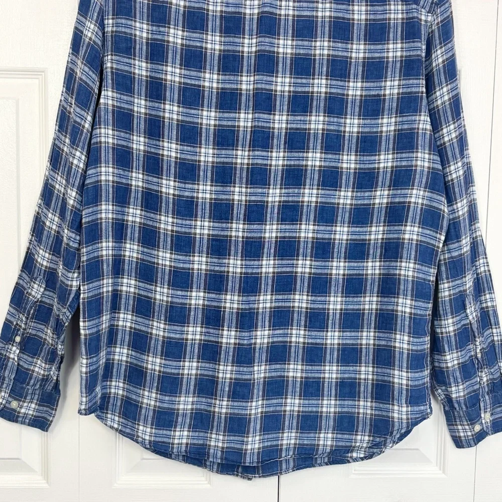 Banana Republic Blue Plaid 100% Linen Camden Standard Fit Shirt Large